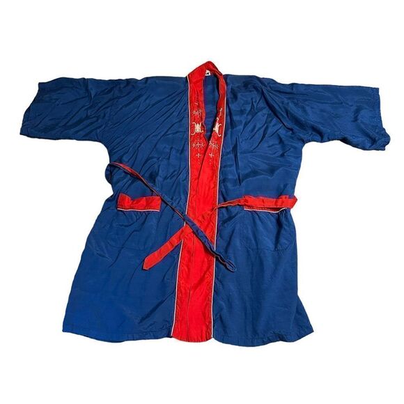 Vintage plum blossoms blue and red Kimono bath robe size large - Picture 6 of 8